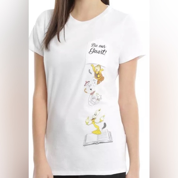 RARE Disney Beauty and the Beast T-Shirt with upside down pocket women’s large - Picture 1 of 6